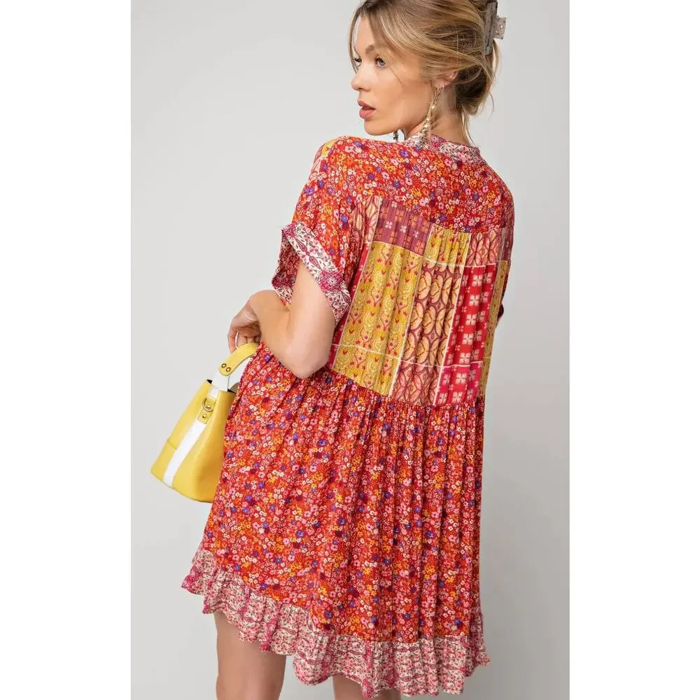 Red Boho patchwork dress size s #1406 - Picture 2 of 8